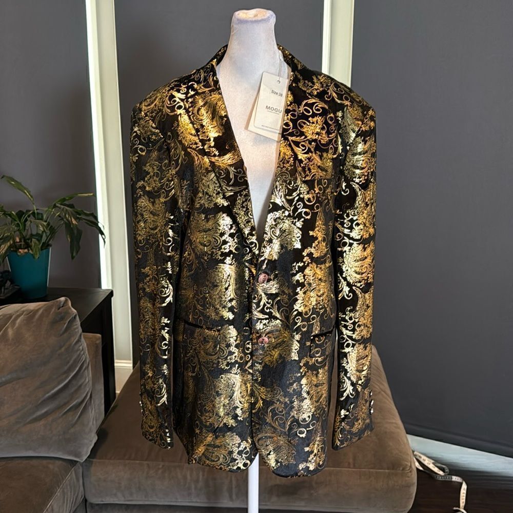Men’s Slim Fit Black & Gold Velvet Dress Jacket Blazer Notched Lapel Size 38 NWT